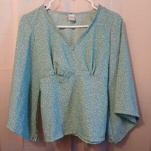 Nwt V-neck Empire waist Blouse women S Blue Turquoise Long bell sleeve top Speck